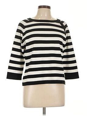 Talbots Black & White Striped Bateau Neck Button Detail Top, 3/4 Sleeve